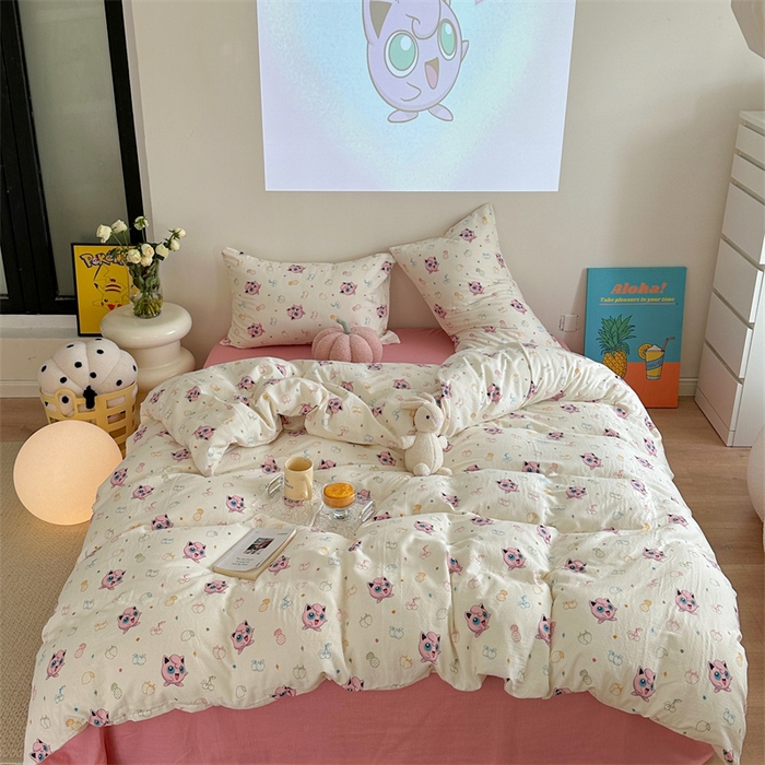 91家纺网 家纺一手货源 找家纺 时年 2024新款全棉双层纱四件套-宝可梦系列 小胖丁