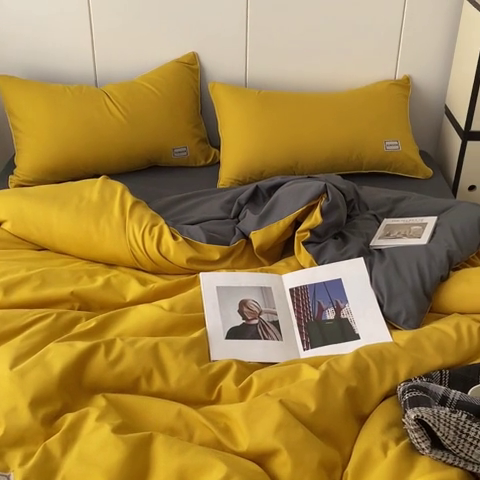 91家纺网 家纺一手货源 找家纺 蓝淋 2024新春款日式简约婴儿可以啃咬的超柔混搭水洗棉四件套 姜黄+深灰