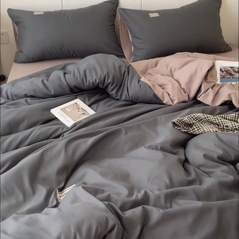 91家纺网 家纺一手货源 找家纺 蓝淋 2024新春款日式简约婴儿可以啃咬的超柔混搭水洗棉四件套 深灰+驼灰