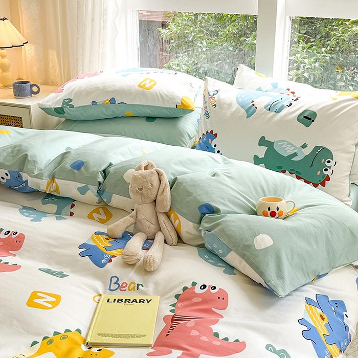 91家纺网 家纺一手货源 找家纺 麦伦家居 2024春夏新品ins小清新卡通全棉四件套 恐龙世界