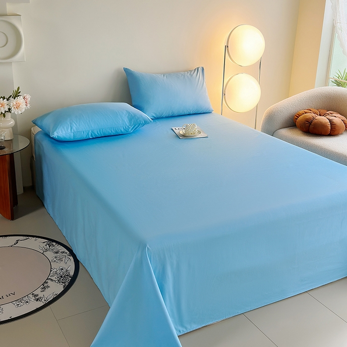 91家纺网 家纺一手货源 找家纺 寝柔家纺 2024新款40S全棉斜纹13372纯棉纯色套件单品-单床单  （风格一） 湖蓝