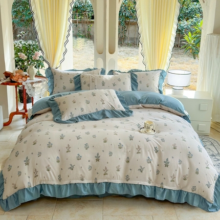 91家纺网 家纺一手货源 找家纺 一比一 2024新款韩版泡泡棉四件套 芷蓝