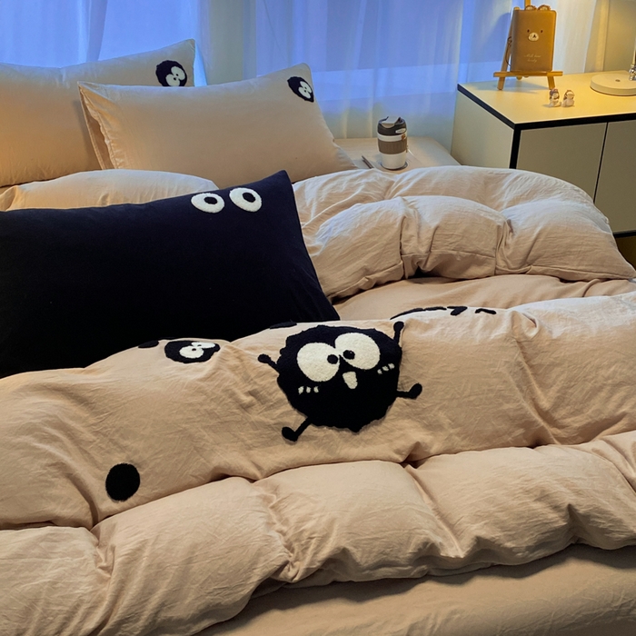 91家纺网 家纺一手货源 找家纺 葡萄家 2024新款超柔水洗棉毛巾绣四件套 毛巾绣水洗棉-奶茶煤球