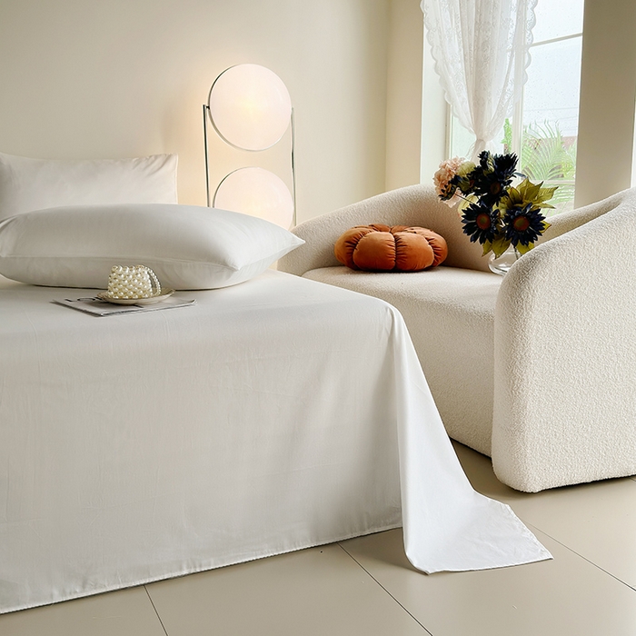 91家纺网 家纺一手货源 找家纺 寝柔家纺 2024新款40S全棉斜纹13372纯棉纯色套件单品-单床单  （风格一） 白色