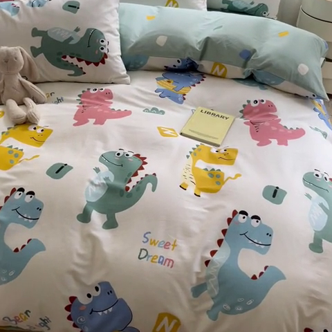 91家纺网 家纺一手货源 找家纺 麦伦家居 2024春夏新品ins小清新卡通全棉四件套 恐龙世界
