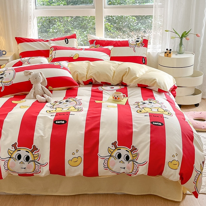 91家纺网 家纺一手货源 找家纺 麦伦家居 2024春夏新品ins小清新卡通全棉四件套 潮流龙宝