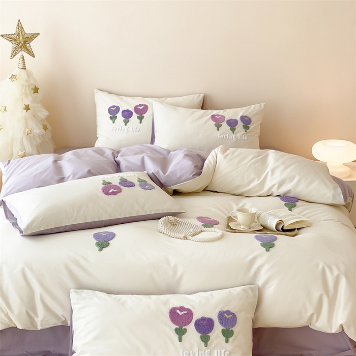 91家纺网 家纺一手货源 找家纺 荣轩家居 2024新款亲肤舒适全棉精梳棉卡通系列四件套 朵朵郁金香-米白