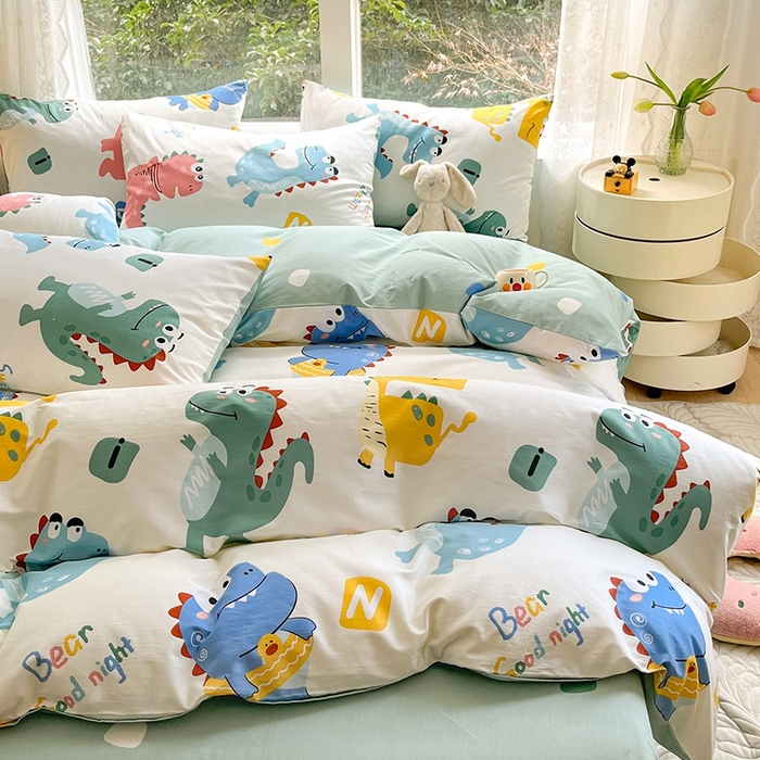 91家纺网 家纺一手货源 找家纺 麦伦家居 2024春夏新品ins小清新卡通全棉四件套 恐龙世界