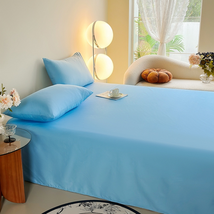 91家纺网 家纺一手货源 找家纺 寝柔家纺 2024新款40S全棉斜纹13372纯棉纯色套件单品-单床单  （风格一） 湖蓝