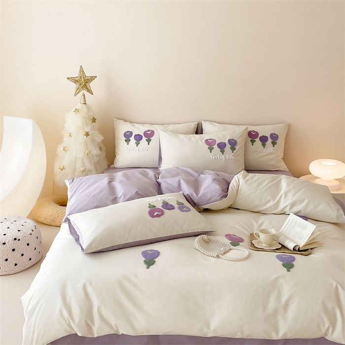 91家纺网 家纺一手货源 找家纺 荣轩家居 2024新款亲肤舒适全棉精梳棉卡通系列四件套 朵朵郁金香-米白