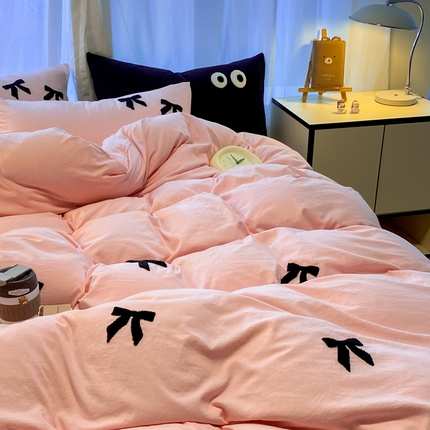 葡萄家 2024新款超柔水洗棉毛巾绣四件套 毛巾绣水洗棉-蝴蝶结粉