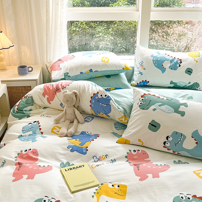 91家纺网 家纺一手货源 找家纺 麦伦家居 2024春夏新品ins小清新卡通全棉四件套 恐龙世界