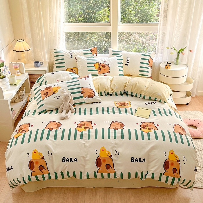 91家纺网 家纺一手货源 找家纺 麦伦家居 2024春夏新品ins小清新卡通全棉四件套 卡皮巴拉