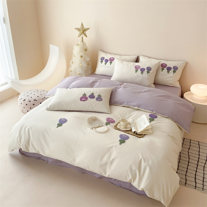 91家纺网 家纺一手货源 找家纺 荣轩家居 2024新款亲肤舒适全棉精梳棉卡通系列四件套 朵朵郁金香-米白