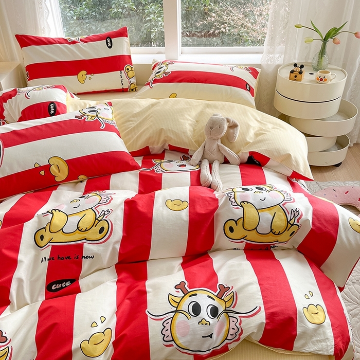 91家纺网 家纺一手货源 找家纺 麦伦家居 2024春夏新品ins小清新卡通全棉四件套 潮流龙宝