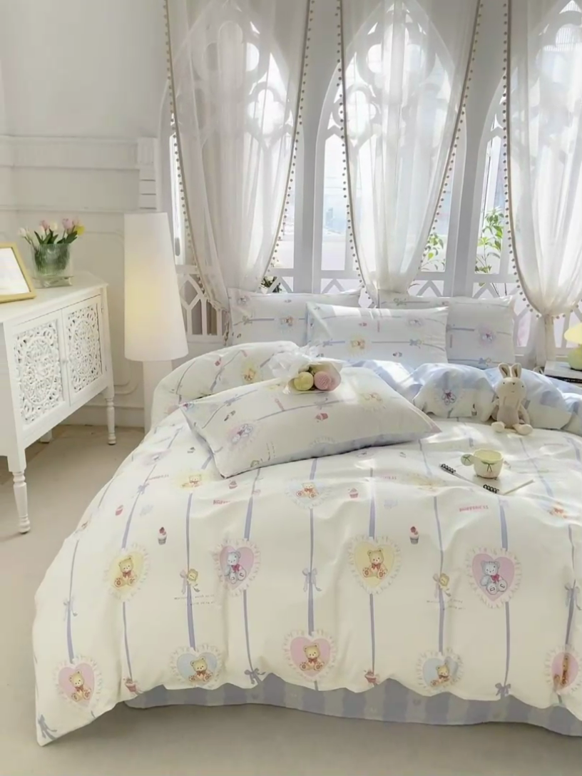 91家纺网 家纺一手货源 找家纺 宜家坊 2024新款全棉喷气13070小清新印花四件套-拍摄二 熊美眉