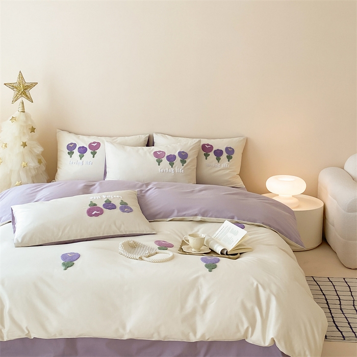 91家纺网 家纺一手货源 找家纺 荣轩家居 2024新款亲肤舒适全棉精梳棉卡通系列四件套 朵朵郁金香-米白