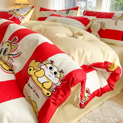 91家纺网 家纺一手货源 找家纺 麦伦家居 2024春夏新品ins小清新卡通全棉四件套 潮流龙宝