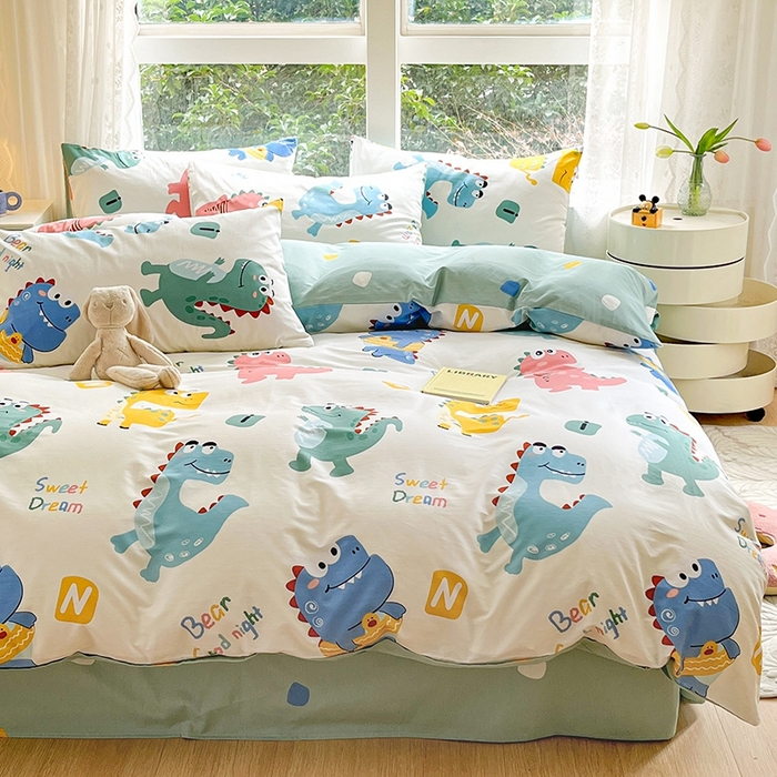 91家纺网 家纺一手货源 找家纺 麦伦家居 2024春夏新品ins小清新卡通全棉四件套 恐龙世界