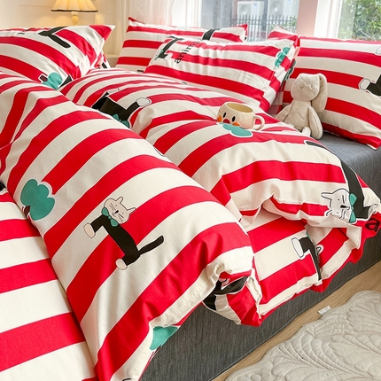 91家纺网 家纺一手货源 找家纺 麦伦家居 2024春夏新品ins小清新卡通全棉四件套 小黑猫