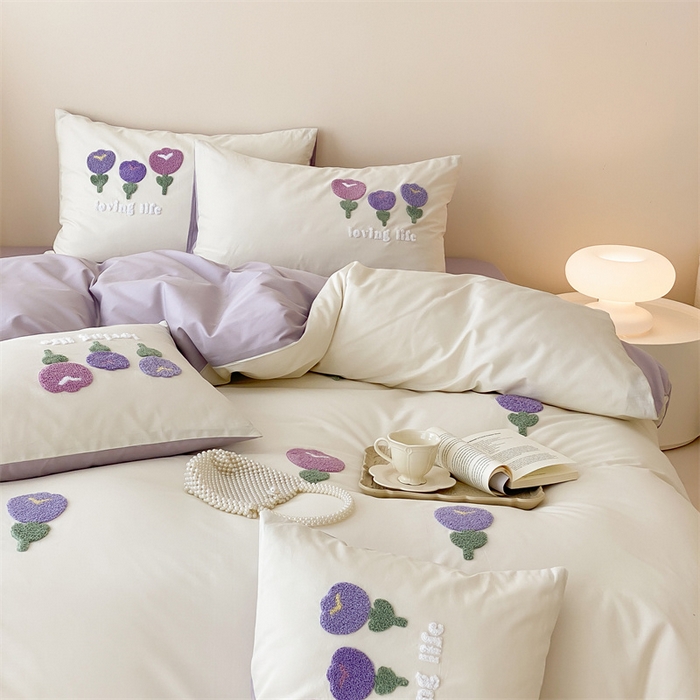 91家纺网 家纺一手货源 找家纺 荣轩家居 2024新款亲肤舒适全棉精梳棉卡通系列四件套 朵朵郁金香-米白