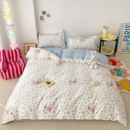 91家纺网 家纺一手货源 找家纺 （总）乐童家纺 2024新款直播爆款13070纯棉印花吊边款一字绣四件套