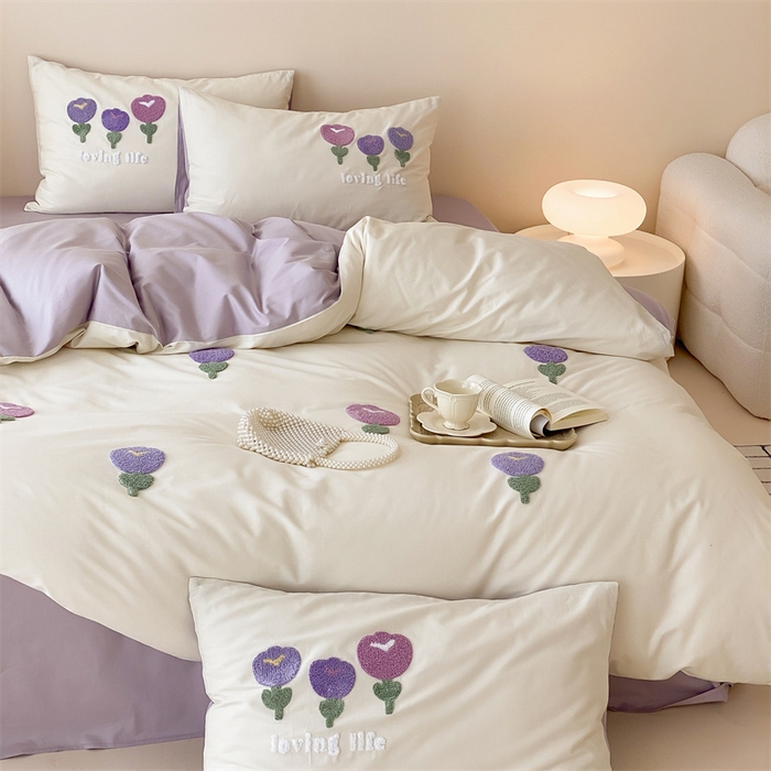 91家纺网 家纺一手货源 找家纺 荣轩家居 2024新款亲肤舒适全棉精梳棉卡通系列四件套 朵朵郁金香-米白