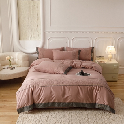 艾莱家纺  2024新款A类全棉水洗棉加厚绣花四件套 威廉-豆沙红