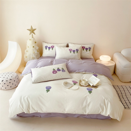 荣轩家居 2024新款亲肤舒适全棉精梳棉卡通系列四件套 朵朵郁金香-米白