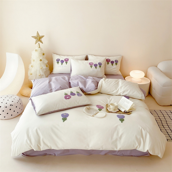 91家纺网 家纺一手货源 找家纺 荣轩家居 2024新款亲肤舒适全棉精梳棉卡通系列四件套 朵朵郁金香-米白