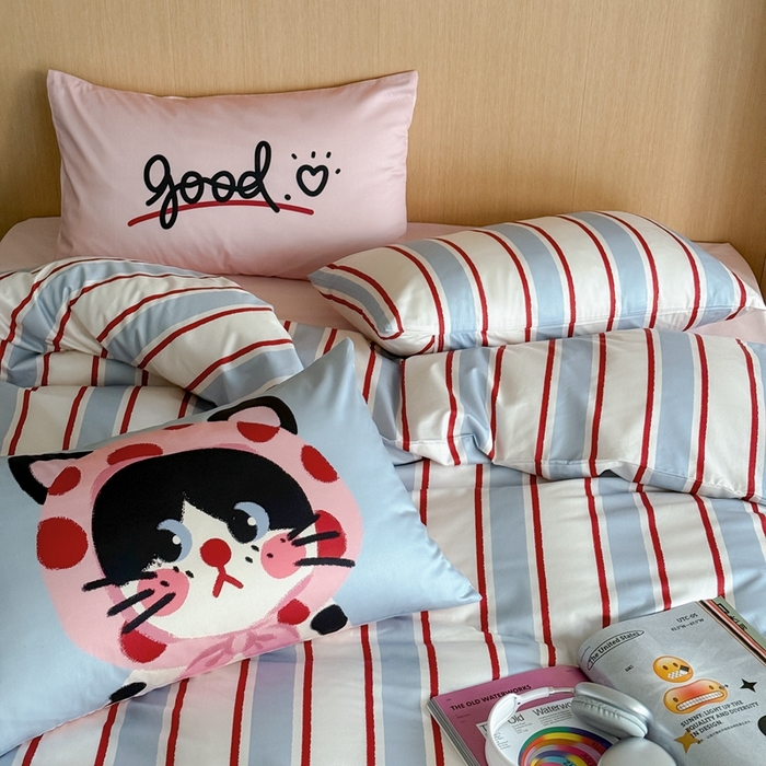 91家纺网 家纺一手货源 找家纺 圆岛家纺 2024新款春夏40支趣味全棉数码印花四件套 小奶猫