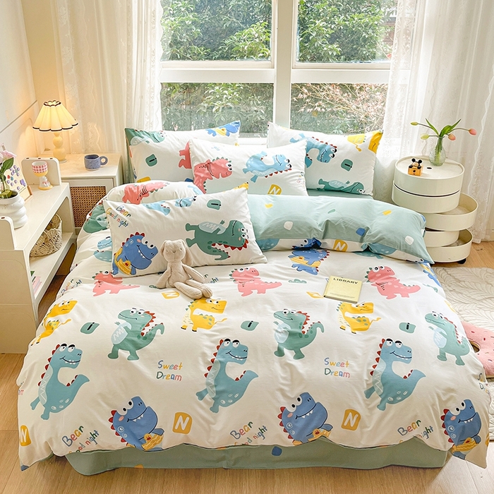 91家纺网 家纺一手货源 找家纺 麦伦家居 2024春夏新品ins小清新卡通全棉四件套 恐龙世界