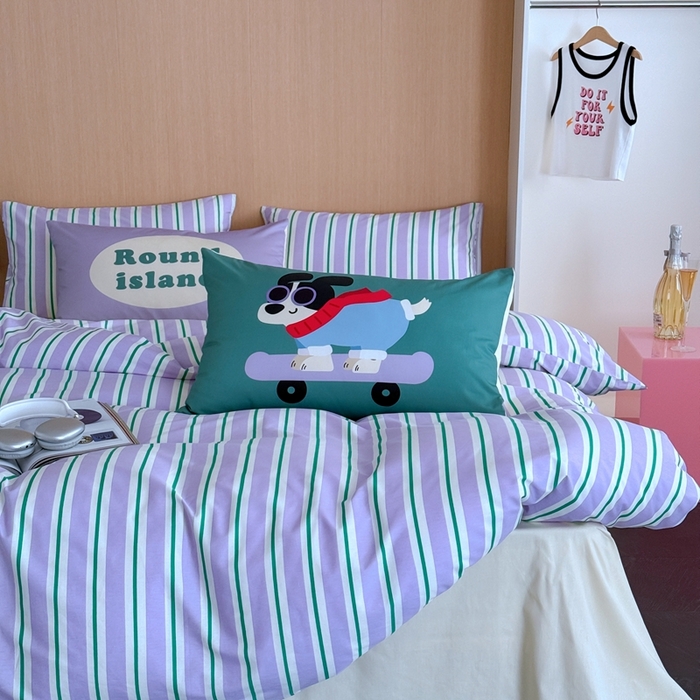 91家纺网 家纺一手货源 找家纺 圆岛家纺 2024新款春夏40支趣味全棉数码印花四件套 滑板狗