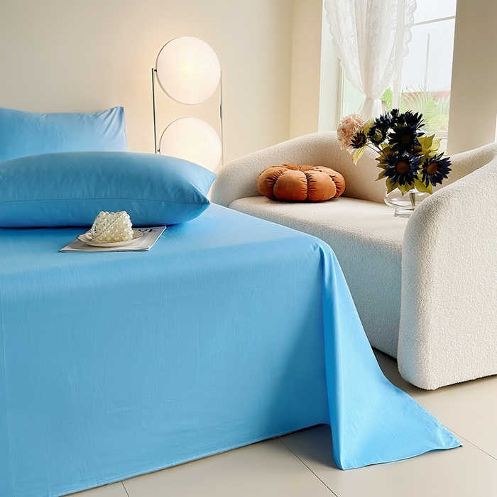 91家纺网 家纺一手货源 找家纺 寝柔家纺 2024新款40S全棉斜纹13372纯棉纯色套件单品-单床单  （风格一） 湖蓝