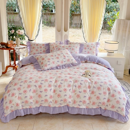 91家纺网 家纺一手货源 找家纺 一比一 2024新款韩版泡泡棉四件套 安娜紫