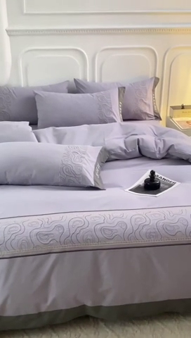 91家纺网 家纺一手货源 找家纺 艾莱家纺  2024新款A类全棉水洗棉加厚绣花四件套 威廉-蓝莓灰