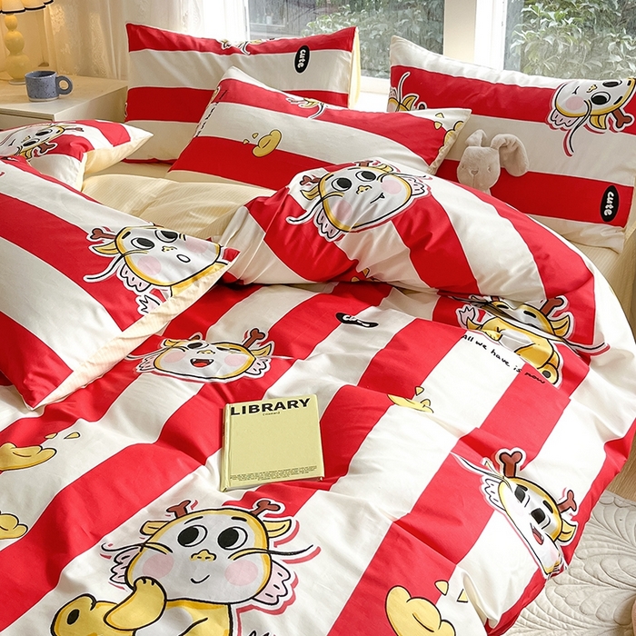 91家纺网 家纺一手货源 找家纺 麦伦家居 2024春夏新品ins小清新卡通全棉四件套 潮流龙宝