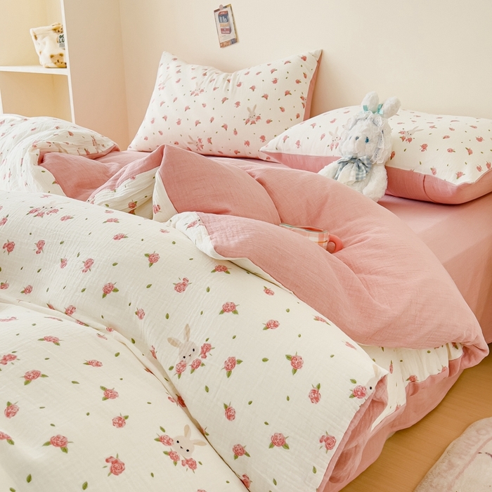 91家纺网 家纺一手货源 找家纺 木楌  2025新款全棉A类皱皱纱印花四件套 花与兔