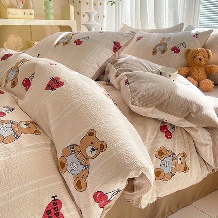 91家纺网 家纺一手货源 找家纺 秋艳家纺 2024新款泡泡棉印花四件套（不做加大尺寸） 樱桃小熊