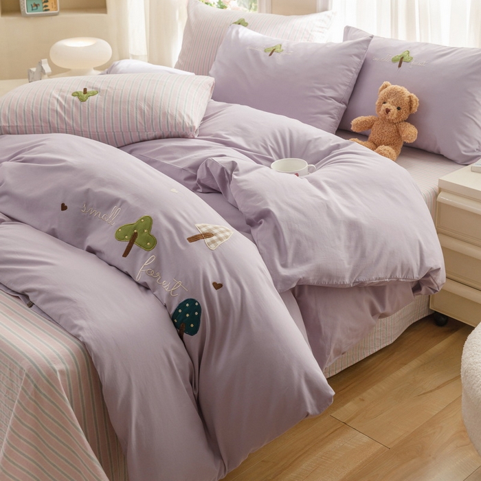 91家纺网 家纺一手货源 找家纺 艾莱家纺 2024新款水洗棉加厚绣花四件套-眷恋 眷恋-丁香紫