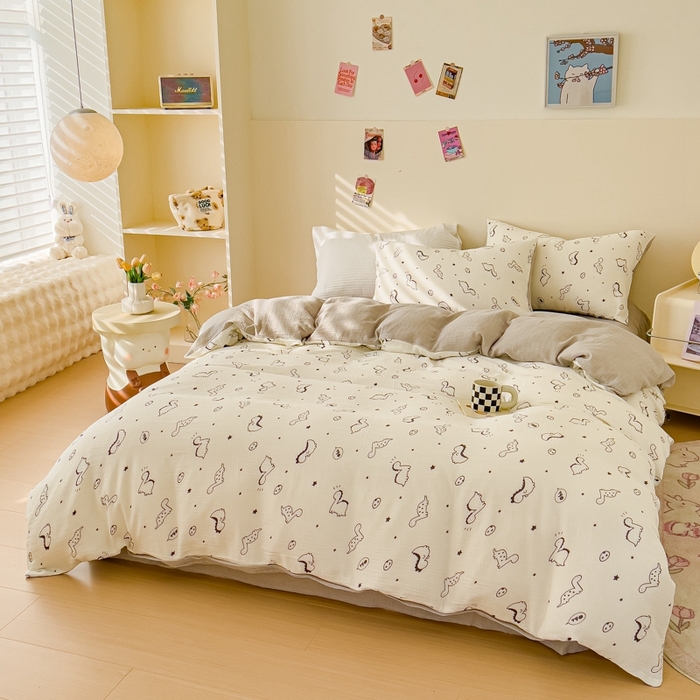 91家纺网 家纺一手货源 找家纺 木楌  2025新款全棉A类皱皱纱印花四件套 小恐龙