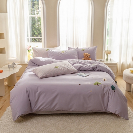 艾莱家纺 2024新款水洗棉加厚绣花四件套-眷恋 眷恋-丁香紫