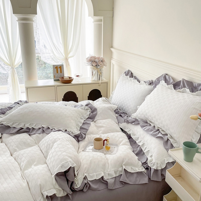 91家纺网 家纺一手货源 找家纺 布可家纺 2025新款泡泡纱水洗双层边四件套-欢乐颂系列 欢乐颂-奶灰