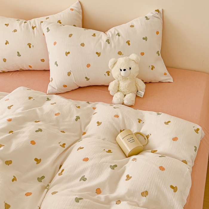 91家纺网 家纺一手货源 找家纺 木楌  2025新款全棉A类皱皱纱印花四件套 小彩蘑