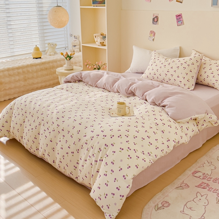 91家纺网 家纺一手货源 找家纺 木楌  2025新款全棉A类皱皱纱印花四件套 樱桃