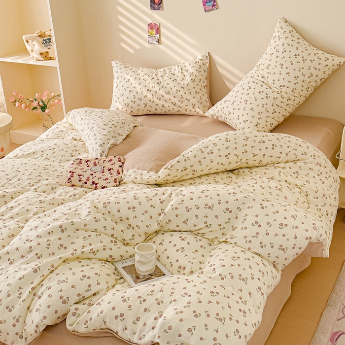 91家纺网 家纺一手货源 找家纺 木楌  2025新款全棉A类皱皱纱印花四件套 芮芮花