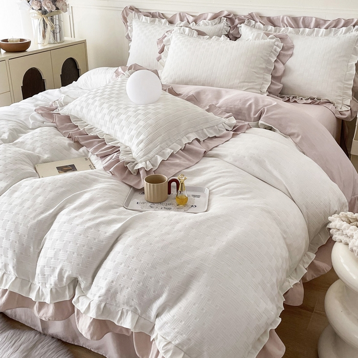 91家纺网 家纺一手货源 找家纺 布可家纺 2025新款泡泡纱水洗双层边四件套-欢乐颂系列 欢乐颂-奶茶