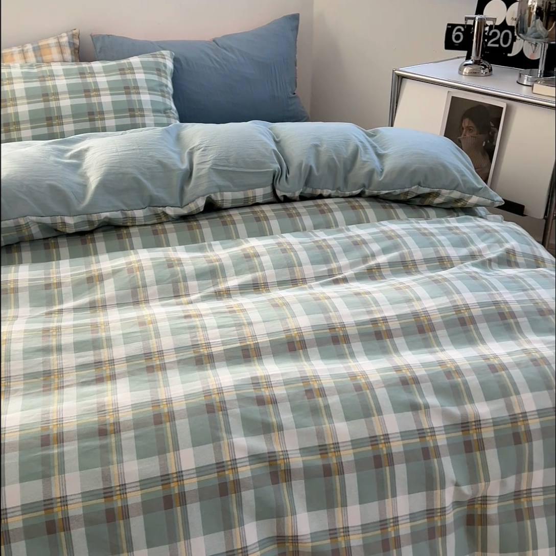 91家纺网 家纺一手货源 找家纺 贝拉梦家纺 2024新款日式简约款格子系水洗棉四件套套件系列-四件套 简兮-绿
