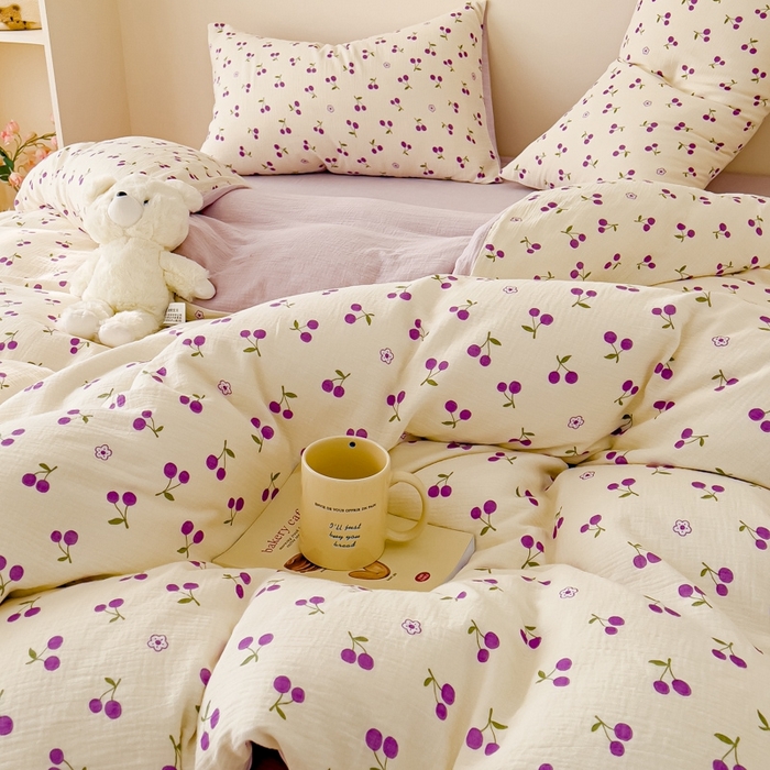 91家纺网 家纺一手货源 找家纺 木楌  2025新款全棉A类皱皱纱印花四件套 樱桃