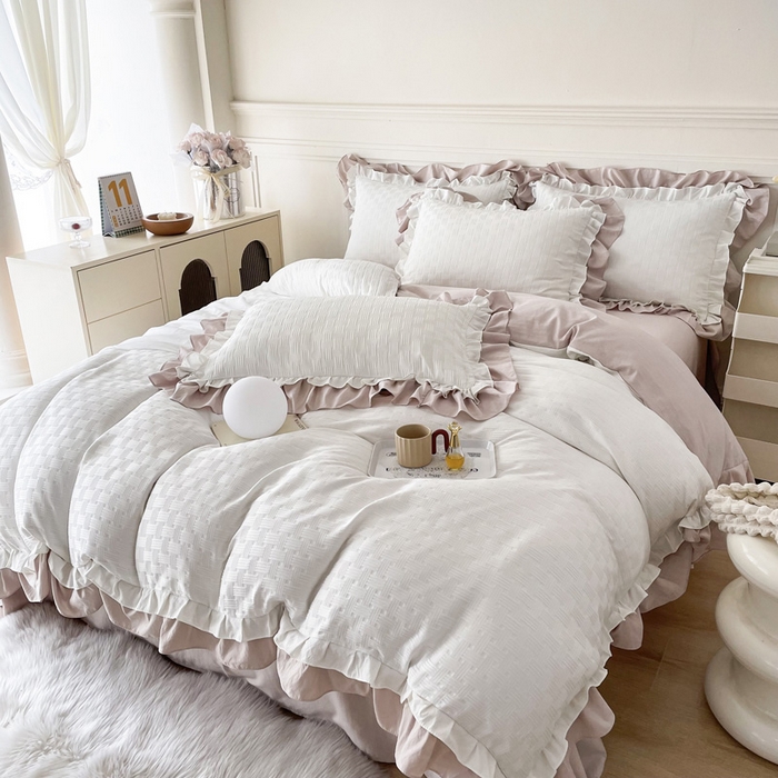 91家纺网 家纺一手货源 找家纺 布可家纺 2025新款泡泡纱水洗双层边四件套-欢乐颂系列 欢乐颂-奶茶